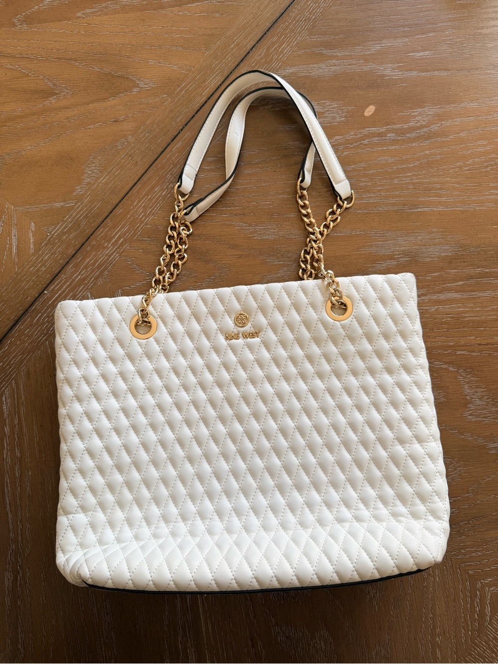 Quilted White Tote Bag with Gold Chain Handles